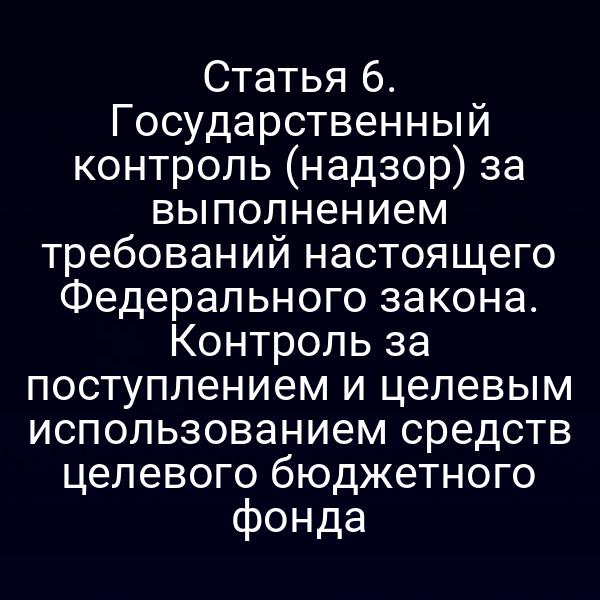 Статья 6. Государственный контроль (надзор) за выполнением требований настоящего Федерального закона. Контроль за поступлением и целевым использованием средств целевого бюджетного фонда