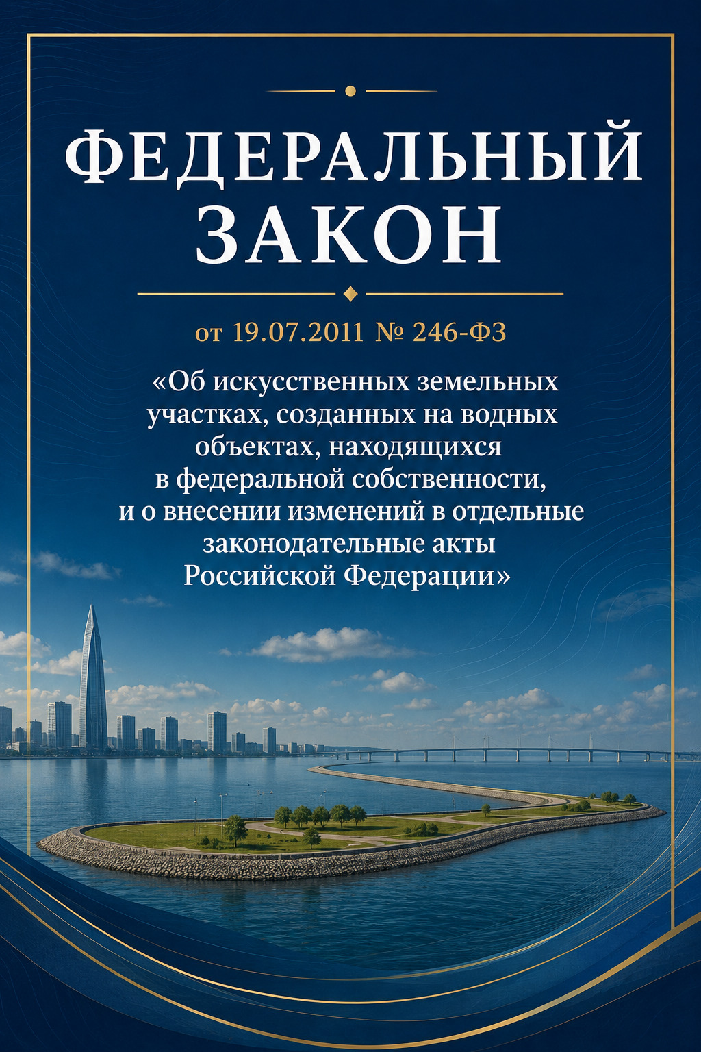 Оглавление: Федеральный закон от 19.07.2011 № 246-ФЗ «Об искусственных земельных участках, созданных на водных объектах, находящихся в федеральной собственности, и о внесении изменений в отдельные законодательные акты Российской Федерации»