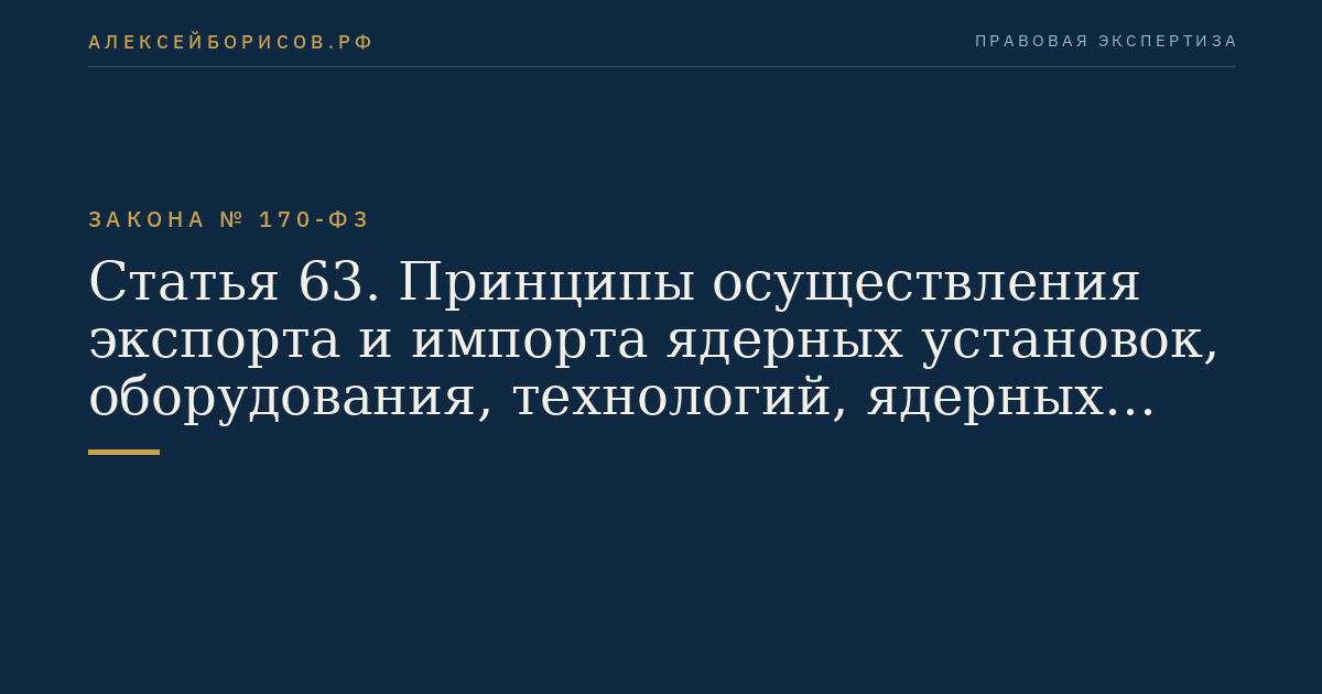 Статья 63. Принципы осуществления экспорта и импорта ядерных установок, оборудования, технологий, ядерных материалов, радиоактивных веществ, специальных неядерных материалов и услуг в области использования атомной энергии