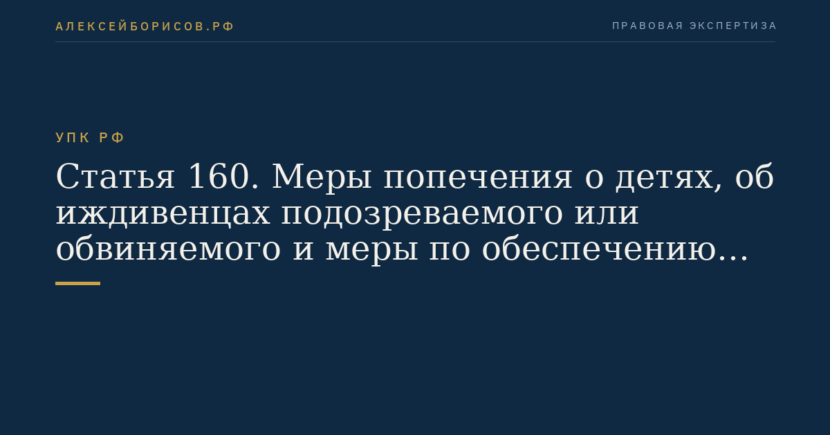 Статья 160. Меры попечения о детях, об иждивенцах подозреваемого или обвиняемого и меры по обеспечению сохранности его имущества