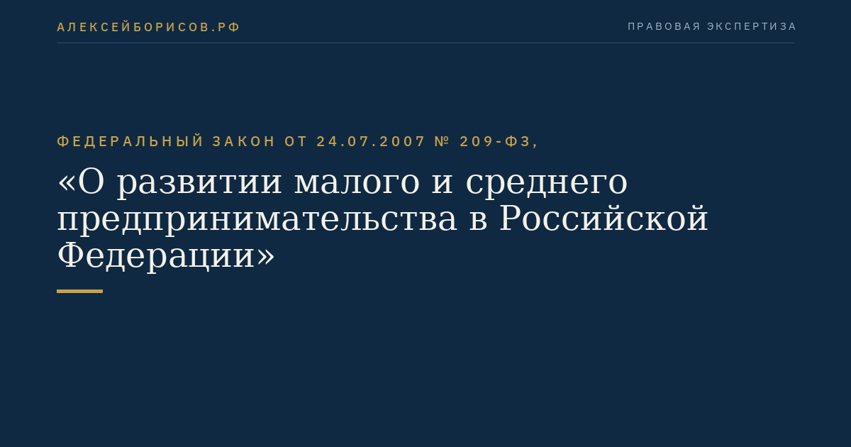 Федеральный закон от 24.07.2007 № 209-ФЗ, "О развитии малого и среднего предпринимательства в Российской Федерации"