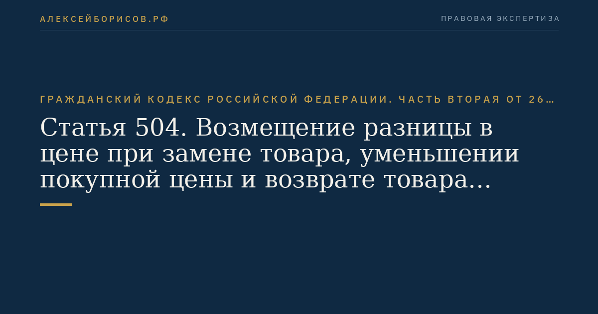 Статья 504. Возмещение разницы в цене при замене товара, уменьшении покупной цены и возврате товара ненадлежащего качества
