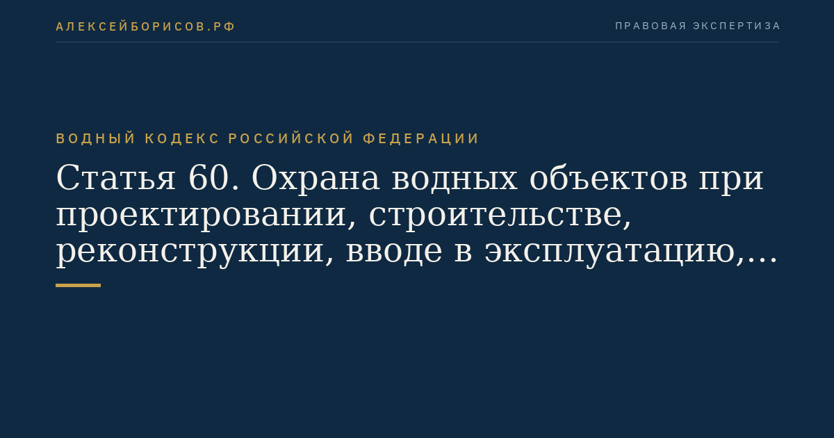 Статья 60. Охрана водных объектов при проектировании, строительстве, реконструкции, вводе в эксплуатацию, эксплуатации водохозяйственной системы