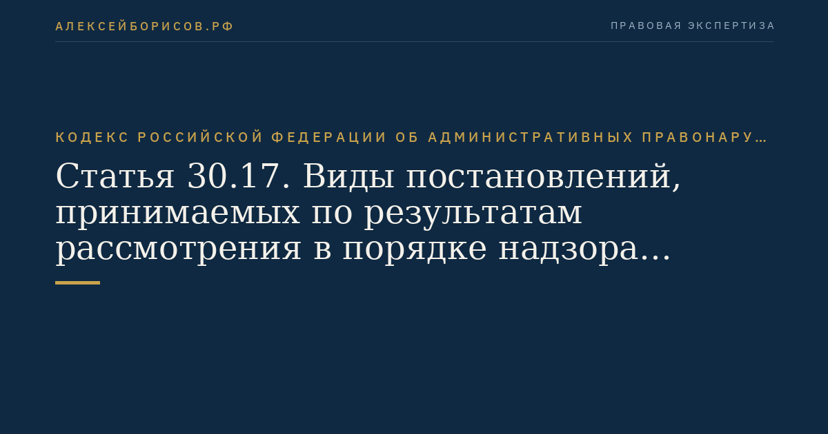 Статья 30.17. Виды постановлений, принимаемых по результатам рассмотрения в порядке надзора жалобы, протеста