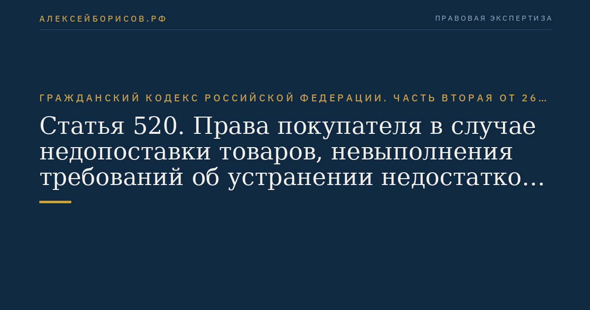 Статья 520. Права покупателя в случае недопоставки товаров, невыполнения требований об устранении недостатков товаров или о доукомплектовании товаров