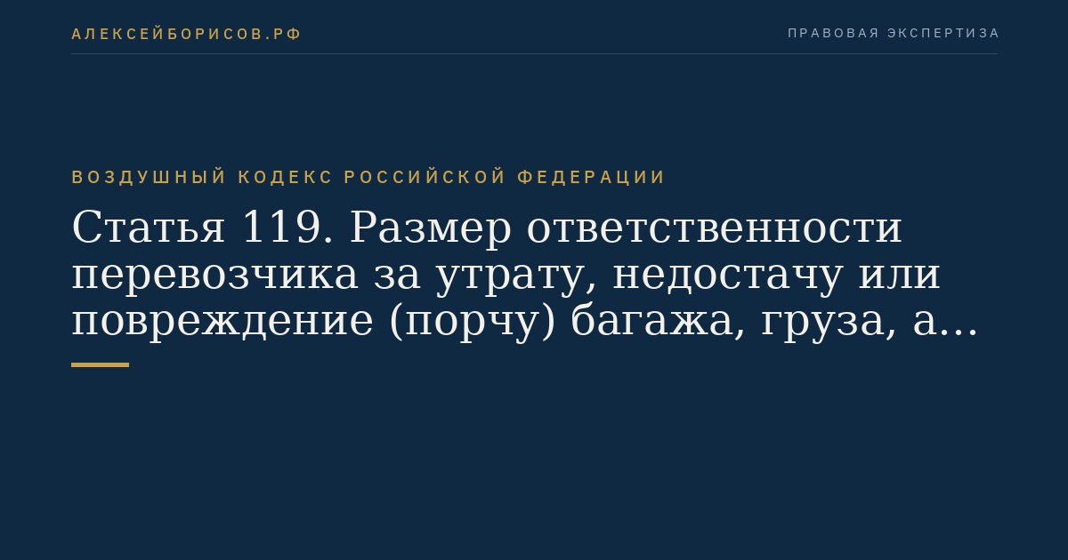 Статья 119. Размер ответственности перевозчика за утрату, недостачу или повреждение (порчу) багажа, груза, а также вещей, находящихся при пассажире